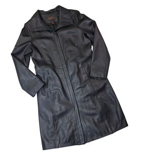 Danier Black Genuine Leather Trench Coat Womens Small Zip Front Long Jacket S/P
